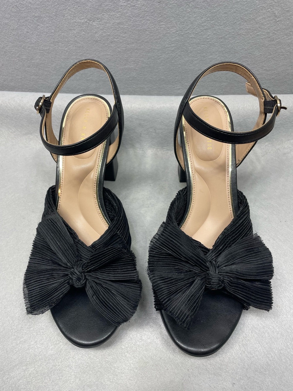 Kelly & Katie Heather Black Pleated Bow Platform Block Heel Sandals 8.5M